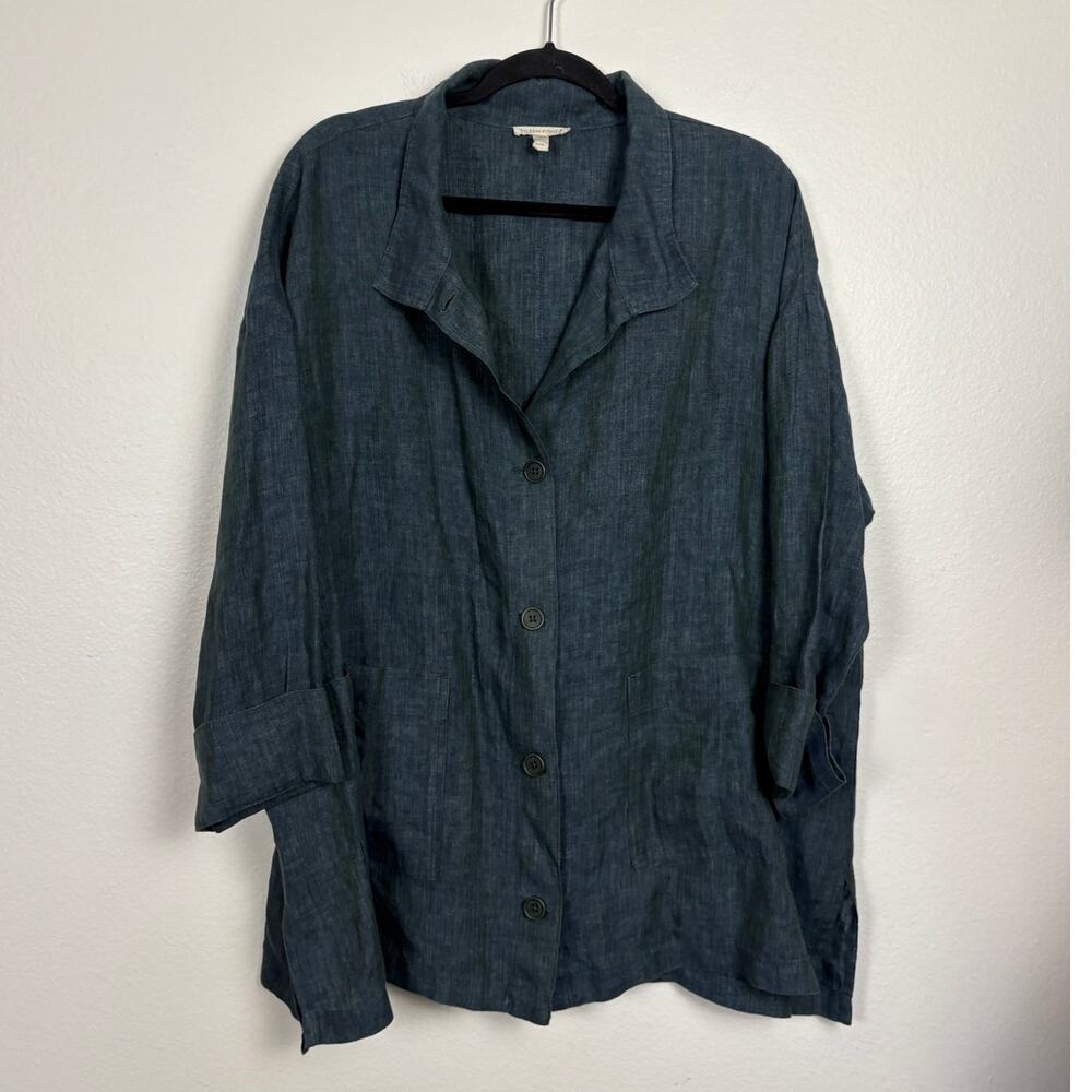 Eileen Fisher Organic Linen Button Front Oversize Tunic Top Blue Green XL